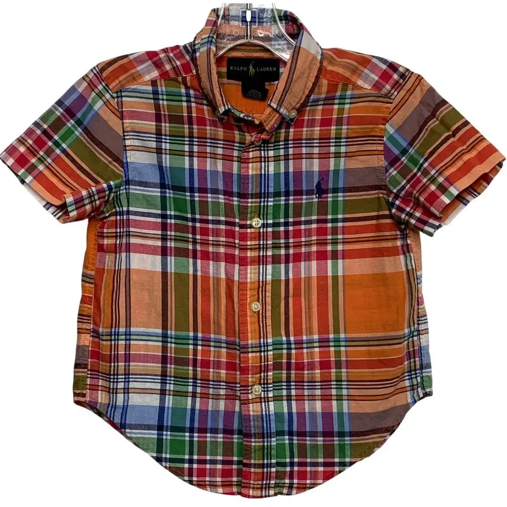 Ralph Lauren Baby Boys 2T Orange Pink White Green Plaid Button Up Preppy Shirt